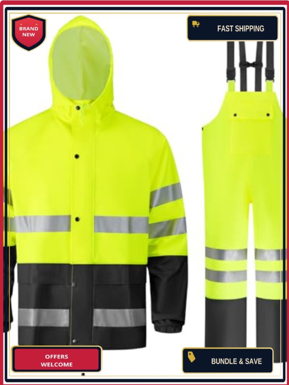 Waterproof Heavy Duty Men's Rain Suit Jacket & Bib Overalls Reflective Fishing